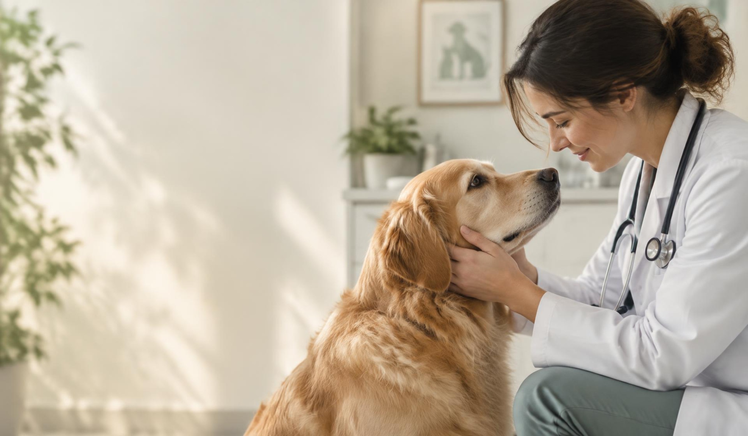 Veterinarian gently holding the face of an adult golden retriever in a bright clinic